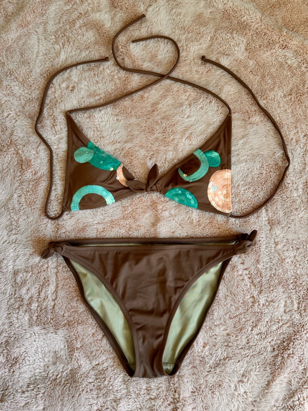 Light Brown Women's Bikini with Teal & Peach Accents